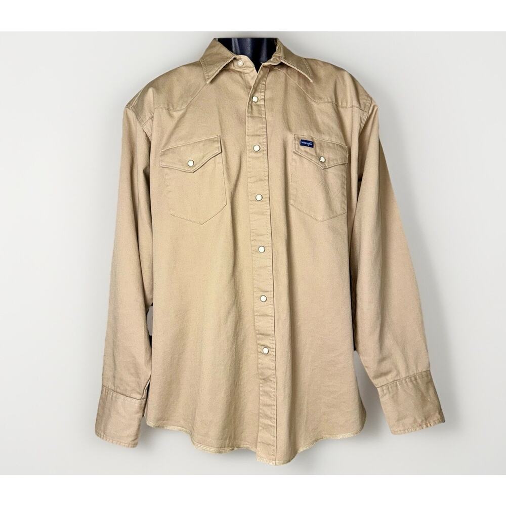 VTG Wrangler Shirt XL 17.5 31 Beige Khaki Brushpopper Pearl Snap Twill Cowboy